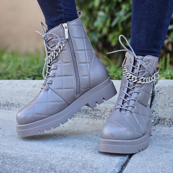 Womens Chunky Block Heel Ankle Combat Boots Taupe Color - Picture 4 of 6